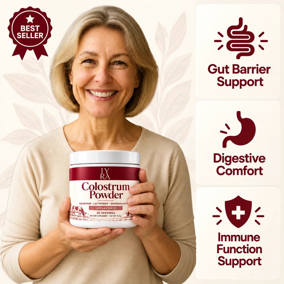 Woman holding an IYRA Colostrum Powder tub.