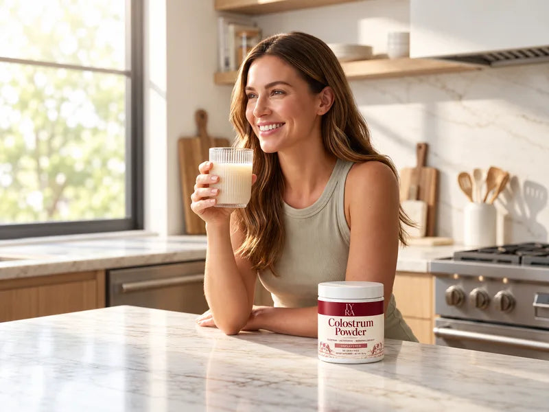 An adult holding a prepared drink beside an IYRA tub in a bright kitchen