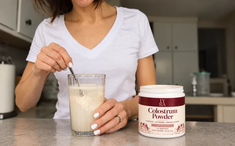 A glass being prepared with IYRA Colostrum Powder