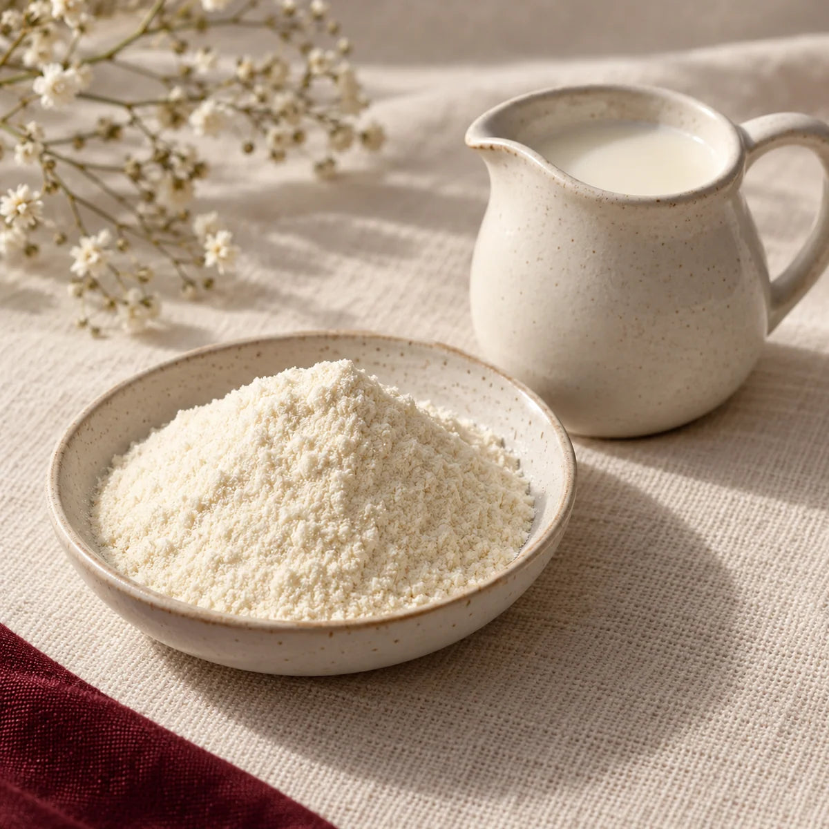 Milk and fine powder illustrating bovine colostrum