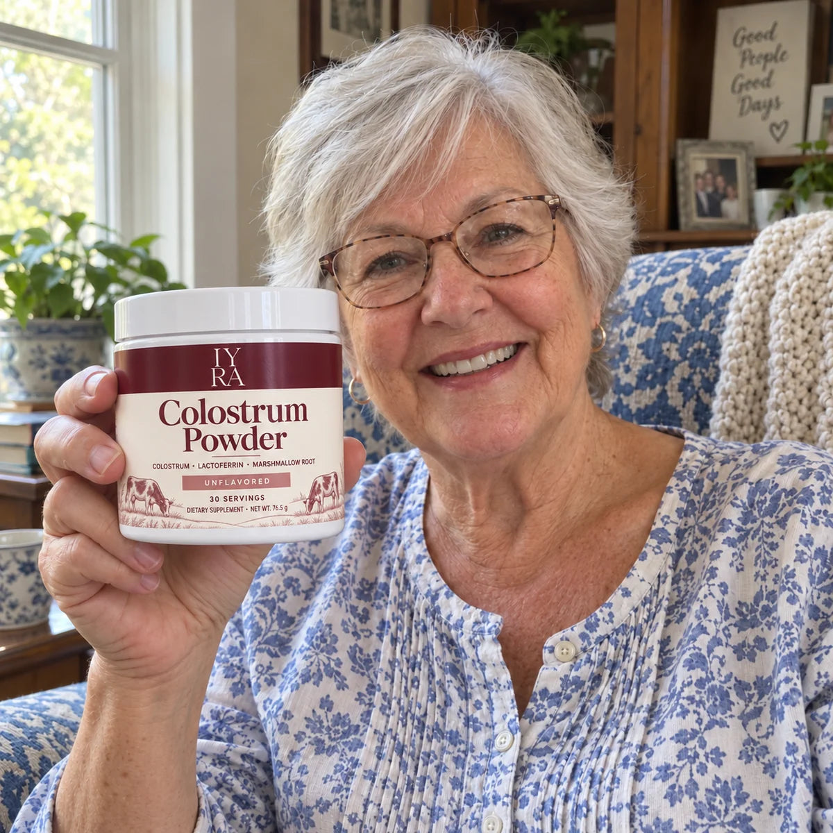 Photorealistic illustrative older woman holding the IYRA tub