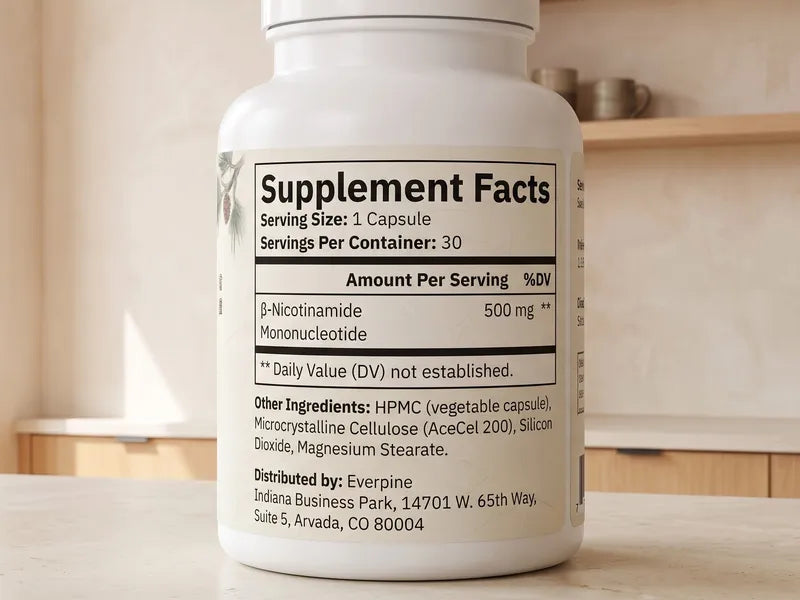 The Supplement Facts panel on the back of an Everpine bottle.