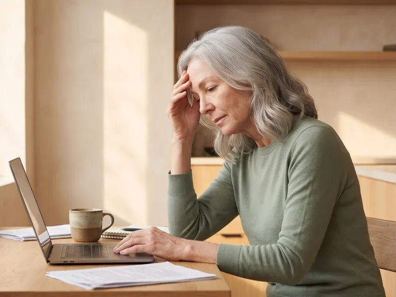 A woman at her desk in the afternoon, resting her forehead on her fingertips, tired.