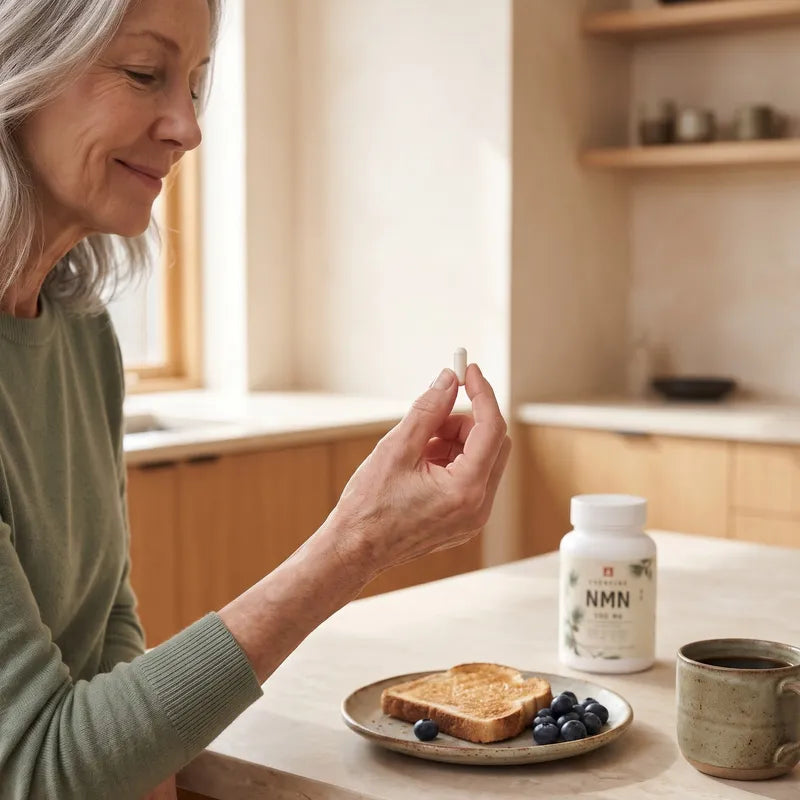 One Everpine capsule at breakfast, next to a cup of coffee.