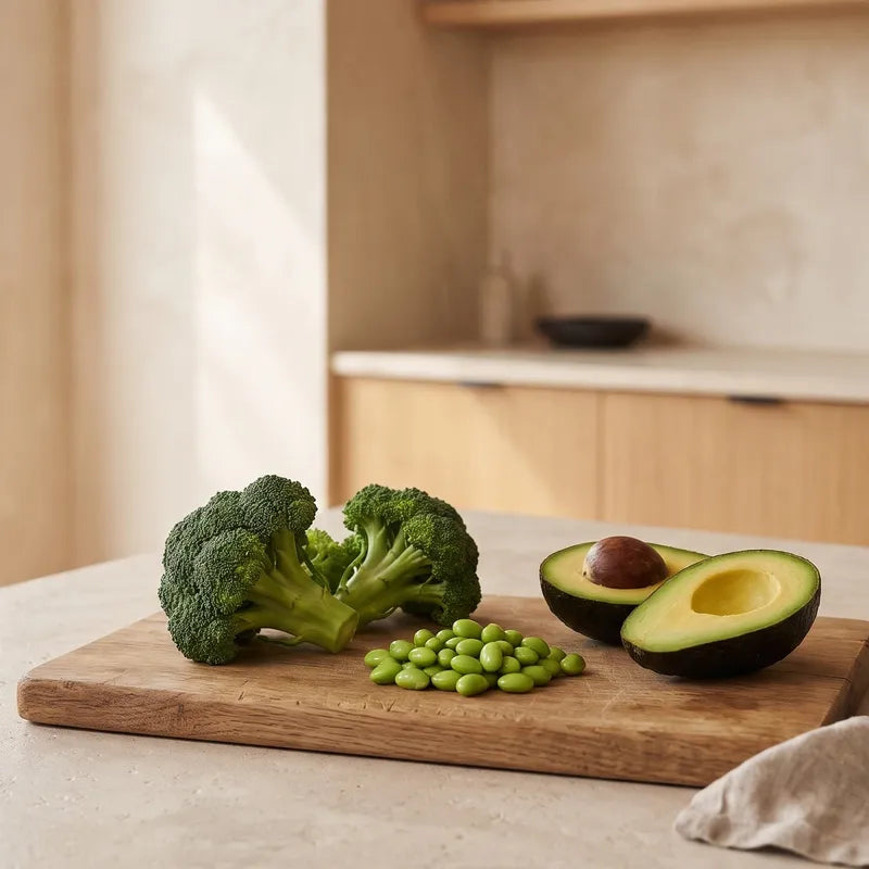 Broccoli, edamame and avocado on a wooden board.