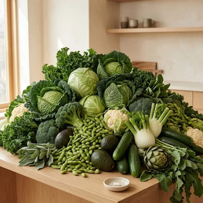 A pile of vegetables covering a kitchen table, next to one capsule.